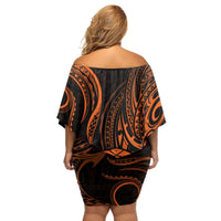 Polynesian Guam Coat of Arms Family Matching Off Shoulder Short Dress and Hawaiian Shirt Polynesian Tribal Tattoo Orange Version