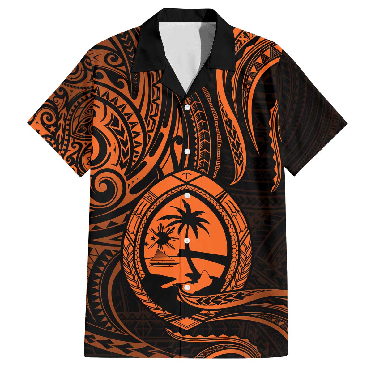 Polynesian Guam Coat of Arms Family Matching Puletasi and Hawaiian Shirt Polynesian Tribal Tattoo Orange Version LT9 Dad's Shirt - Short Sleeve Orange - Polynesian Pride