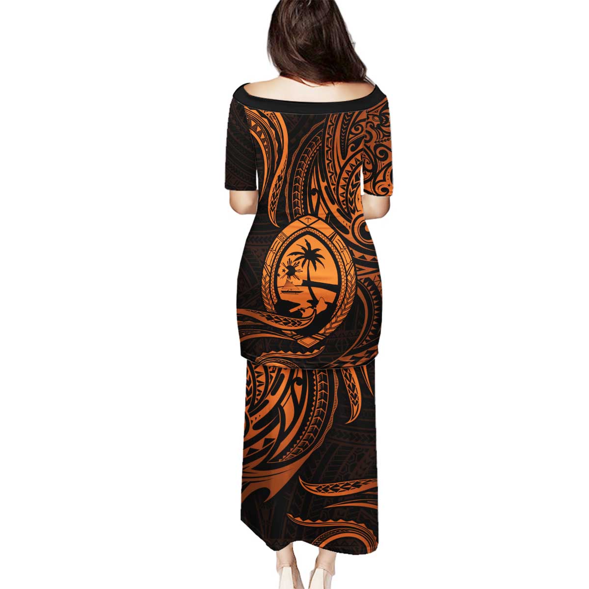 Polynesian Guam Coat of Arms Family Matching Puletasi and Hawaiian Shirt Polynesian Tribal Tattoo Orange Version LT9 - Polynesian Pride