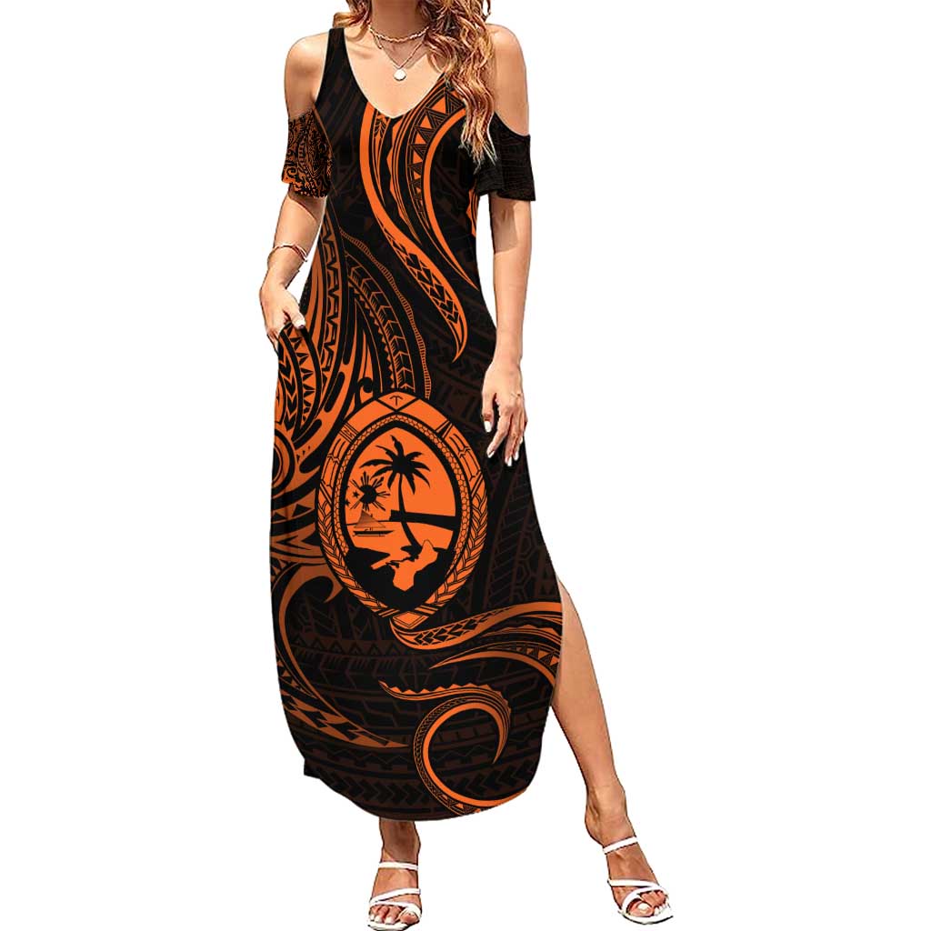 Polynesian Guam Coat of Arms Family Matching Summer Maxi Dress and Hawaiian Shirt Polynesian Tribal Tattoo Orange Version