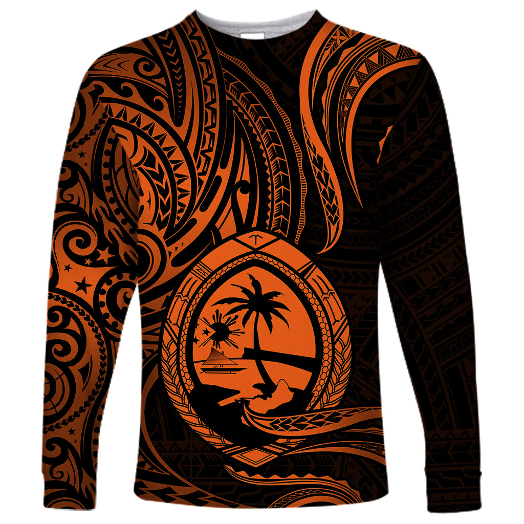 Polynesian Pride Guam Long Sleeve Shirt With Polynesian Tribal Tattoo and Coat of Arms Orange Version LT9 Unisex Orange - Polynesian Pride