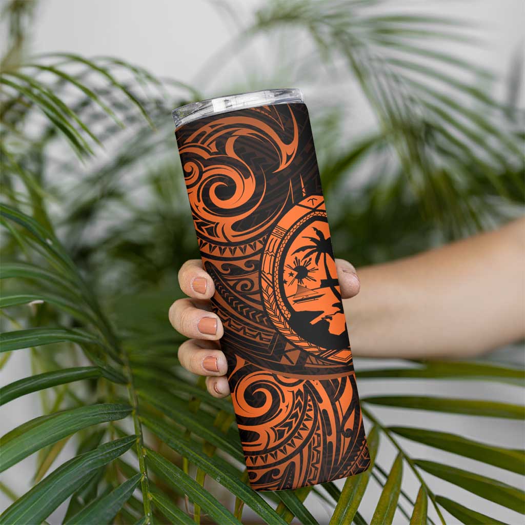 Polynesian Guam Coat of Arms Skinny Tumbler Polynesian Tribal Tattoo Orange Version