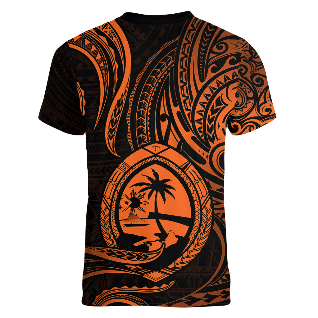 Polynesian Pride Guam Women V Neck T Shirt With Polynesian Tribal Tattoo and Coat of Arms Orange Version LT9 - Polynesian Pride