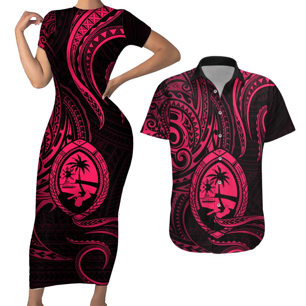 Polynesian Guam Coat of Arms Couples Matching Short Sleeve Bodycon Dress and Hawaiian Shirt Polynesian Tribal Tattoo Pink Version