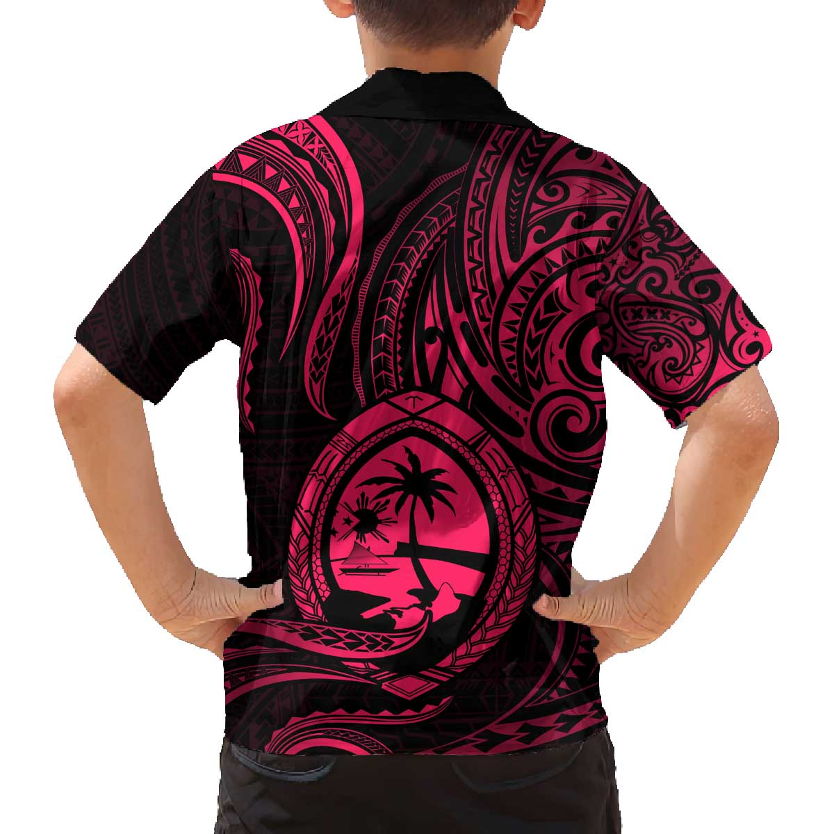 Polynesian Guam Coat of Arms Family Matching Puletasi and Hawaiian Shirt Polynesian Tribal Tattoo Pink Version LT9 - Polynesian Pride