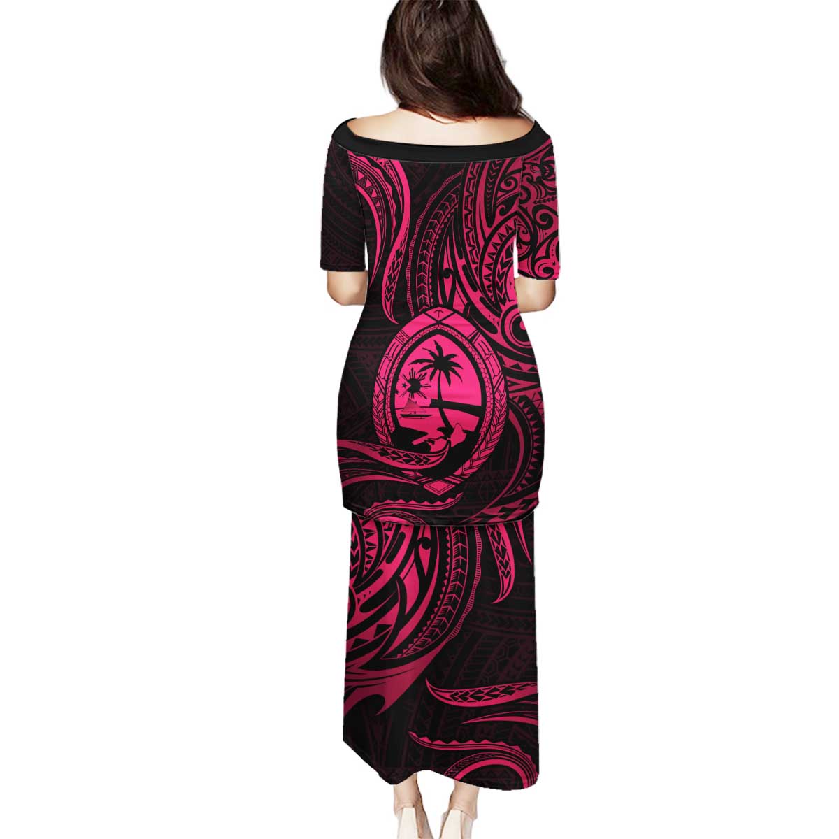 Polynesian Guam Coat of Arms Family Matching Puletasi and Hawaiian Shirt Polynesian Tribal Tattoo Pink Version LT9 - Polynesian Pride