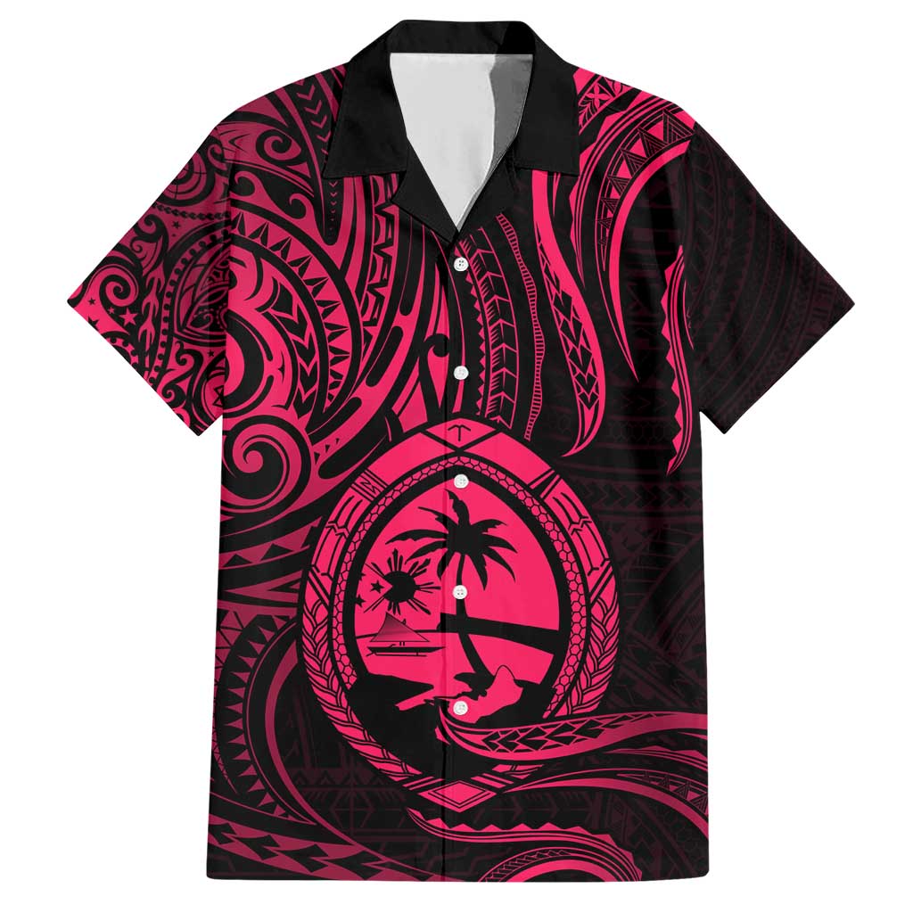 Polynesian Guam Coat of Arms Family Matching Short Sleeve Bodycon Dress and Hawaiian Shirt Polynesian Tribal Tattoo Pink Version