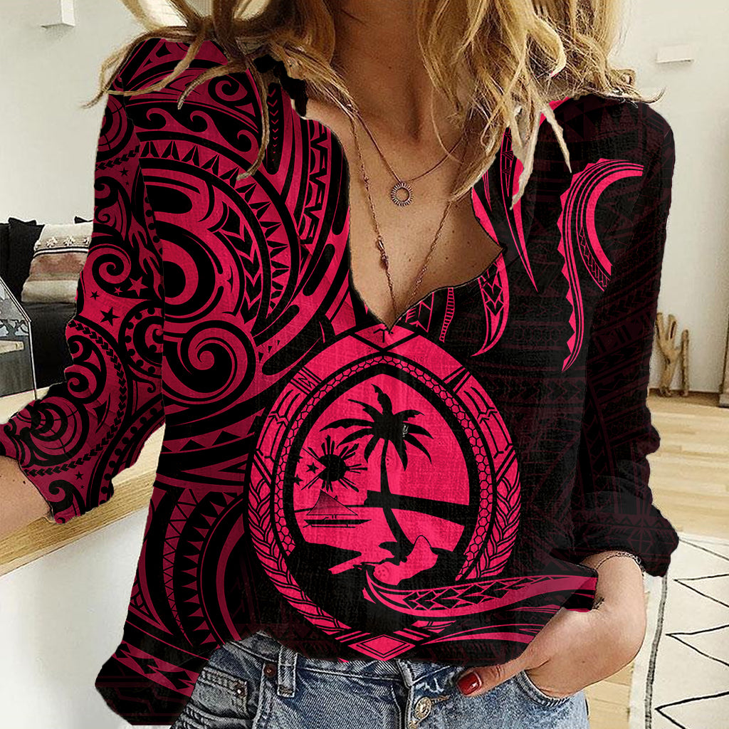 Polynesian Pride Guam Women Casual Shirt With Polynesian Tribal Tattoo and Coat of Arms Pink Version LT9 Female Pink - Polynesian Pride
