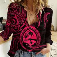 Polynesian Pride Guam Women Casual Shirt With Polynesian Tribal Tattoo and Coat of Arms Pink Version LT9 Female Pink - Polynesian Pride