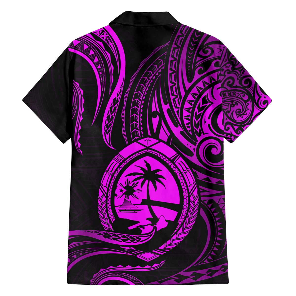 Polynesian Guam Coat of Arms Family Matching Off Shoulder Short Dress and Hawaiian Shirt Polynesian Tribal Tattoo Purple Version