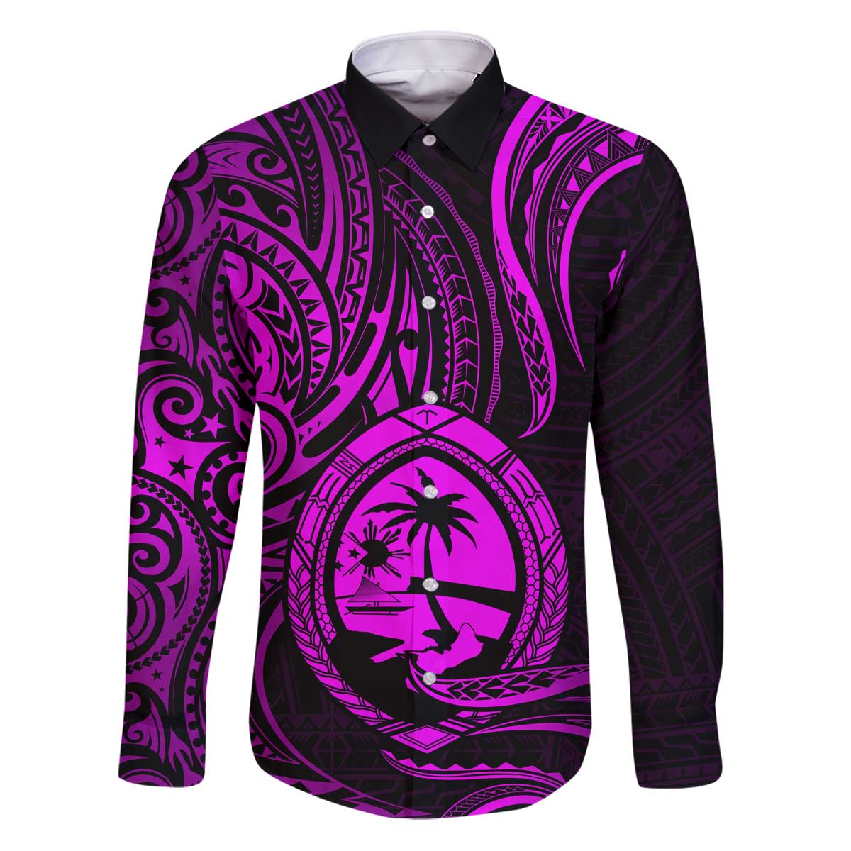 Polynesian Guam Coat of Arms Family Matching Puletasi and Hawaiian Shirt Polynesian Tribal Tattoo Purple Version LT9 Dad's Shirt - Long Sleeve Purple - Polynesian Pride
