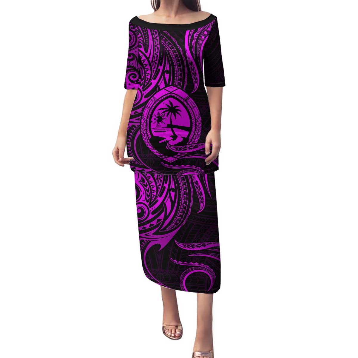 Polynesian Guam Coat of Arms Family Matching Puletasi and Hawaiian Shirt Polynesian Tribal Tattoo Purple Version LT9 Mom's Dress Purple - Polynesian Pride
