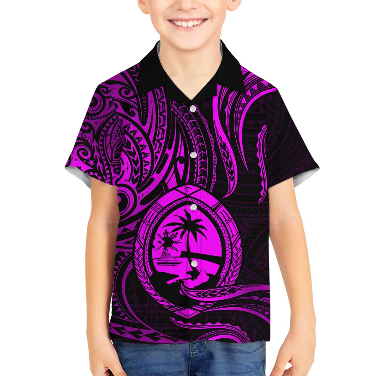 Polynesian Guam Coat of Arms Family Matching Puletasi and Hawaiian Shirt Polynesian Tribal Tattoo Purple Version LT9 Son's Shirt Purple - Polynesian Pride