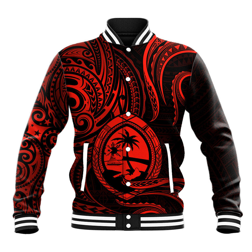 Polynesian Pride Guam Baseball Jacket With Polynesian Tribal Tattoo and Coat of Arms Red Version LT9 Unisex Red - Polynesian Pride