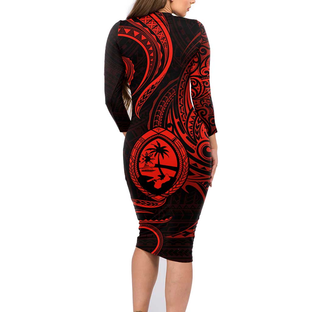 Polynesian Guam Coat of Arms Family Matching Long Sleeve Bodycon Dress and Hawaiian Shirt Polynesian Tribal Tattoo Red Version