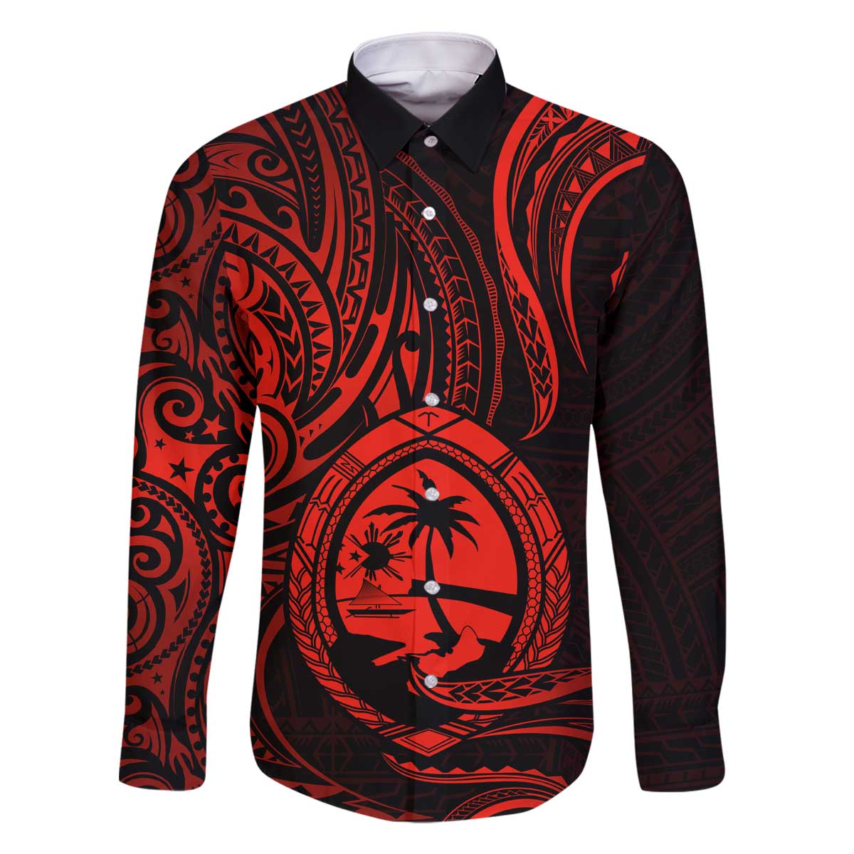 Polynesian Guam Coat of Arms Family Matching Off The Shoulder Long Sleeve Dress and Hawaiian Shirt Polynesian Tribal Tattoo Red Version