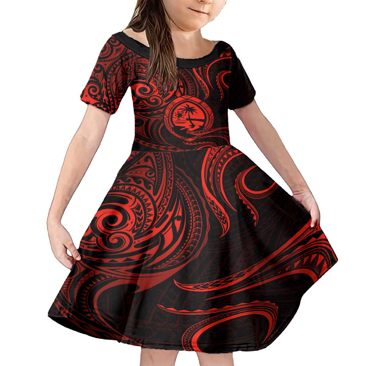 Polynesian Guam Coat of Arms Family Matching Puletasi and Hawaiian Shirt Polynesian Tribal Tattoo Red Version LT9 Daughter's Dress Red - Polynesian Pride