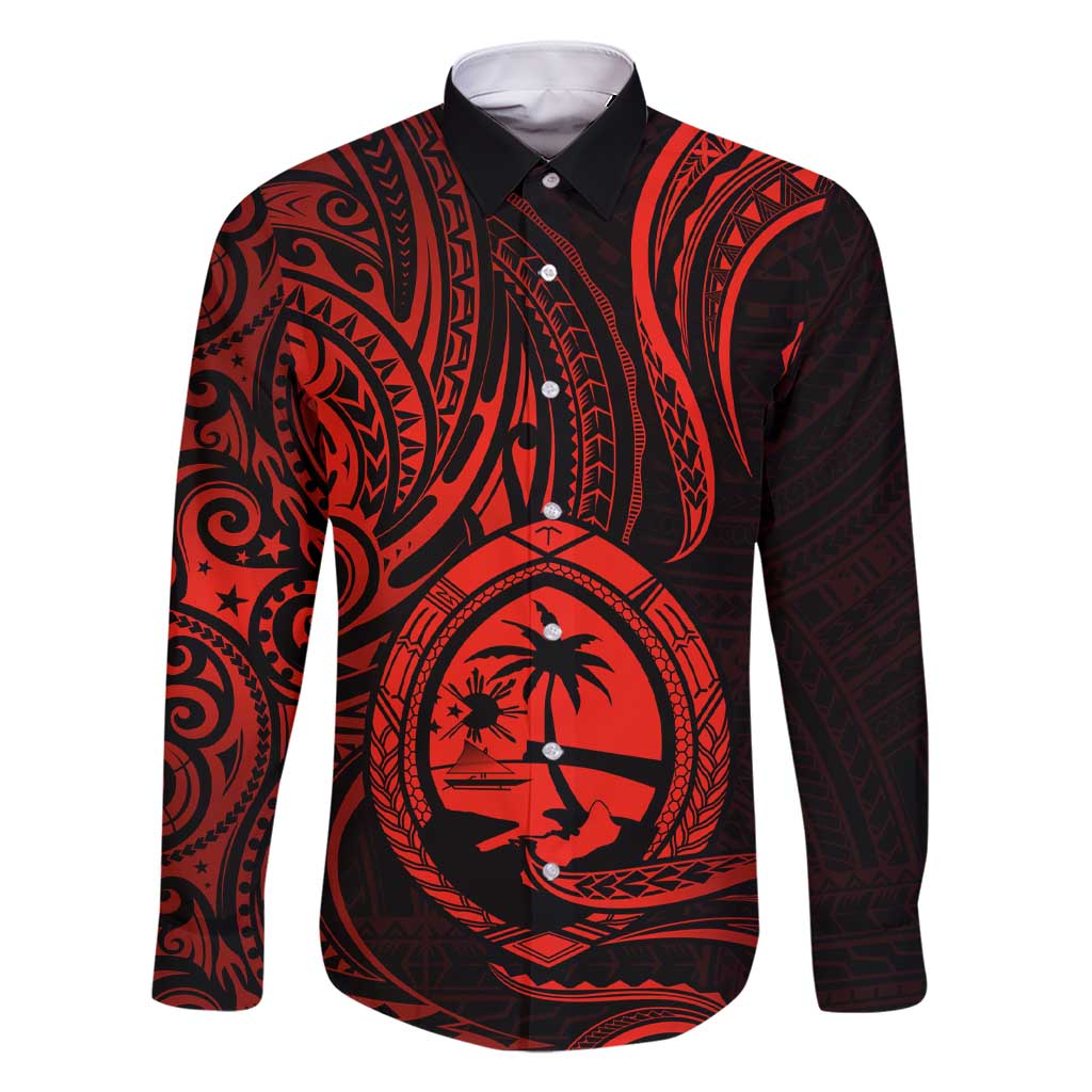 Polynesian Guam Coat of Arms Family Matching Short Sleeve Bodycon Dress and Hawaiian Shirt Polynesian Tribal Tattoo Red Version LT9 Dad's Shirt - Long Sleeve Red - Polynesian Pride