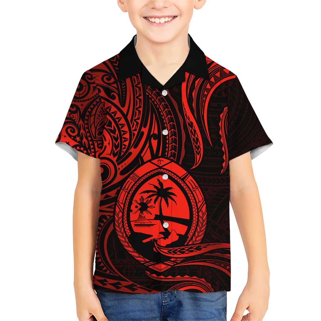 Polynesian Guam Coat of Arms Family Matching Short Sleeve Bodycon Dress and Hawaiian Shirt Polynesian Tribal Tattoo Red Version LT9 Son's Shirt Red - Polynesian Pride
