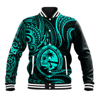 Polynesian Pride Guam Baseball Jacket With Polynesian Tribal Tattoo and Coat of Arms Turquoise Version LT9 Unisex turquoise - Polynesian Pride
