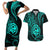 Polynesian Guam Coat of Arms Couples Matching Short Sleeve Bodycon Dress and Hawaiian Shirt Polynesian Tribal Tattoo Turquoise Version