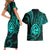 Polynesian Guam Coat of Arms Couples Matching Short Sleeve Bodycon Dress and Hawaiian Shirt Polynesian Tribal Tattoo Turquoise Version