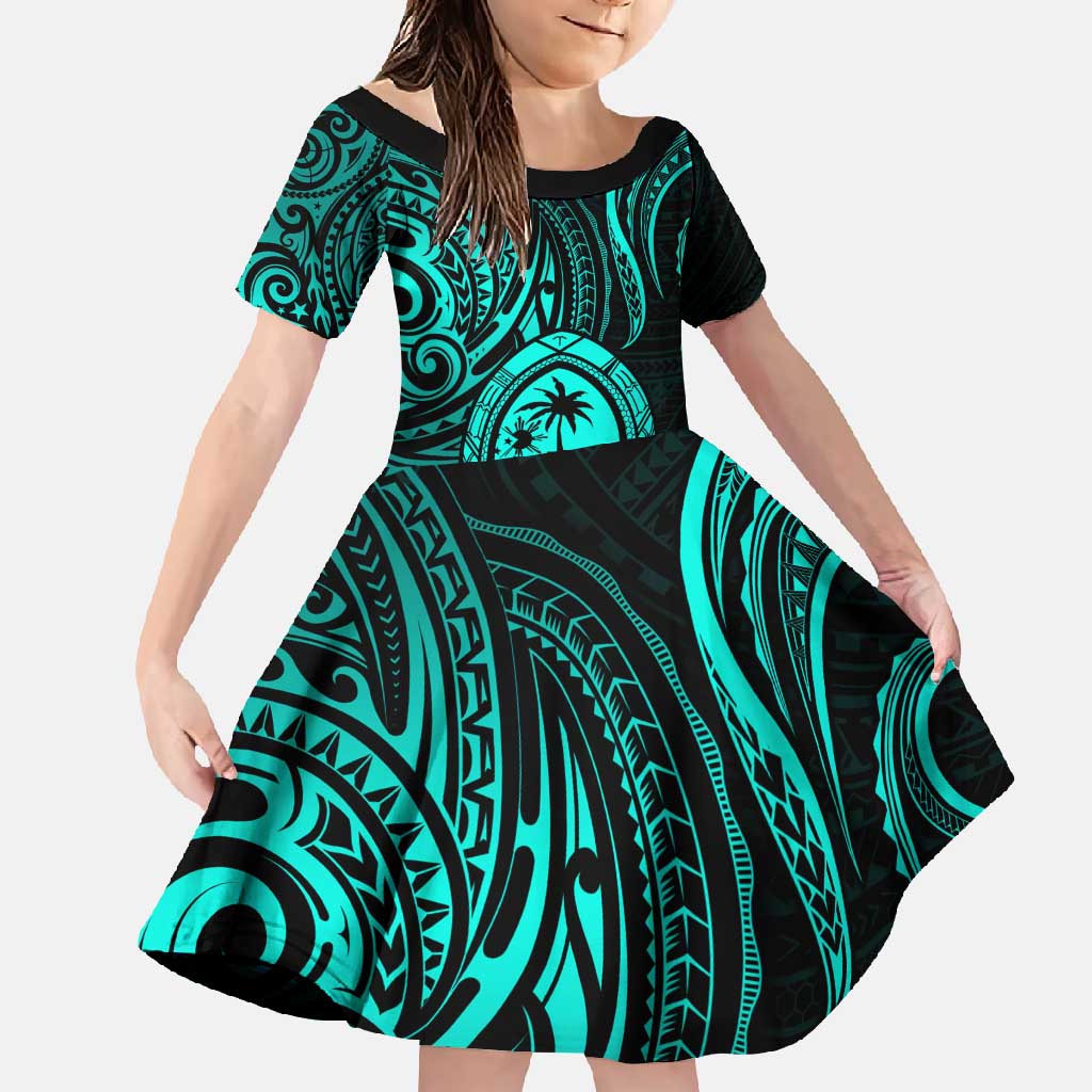 Polynesian Guam Coat of Arms Family Matching Long Sleeve Bodycon Dress and Hawaiian Shirt Polynesian Tribal Tattoo Turquoise Version