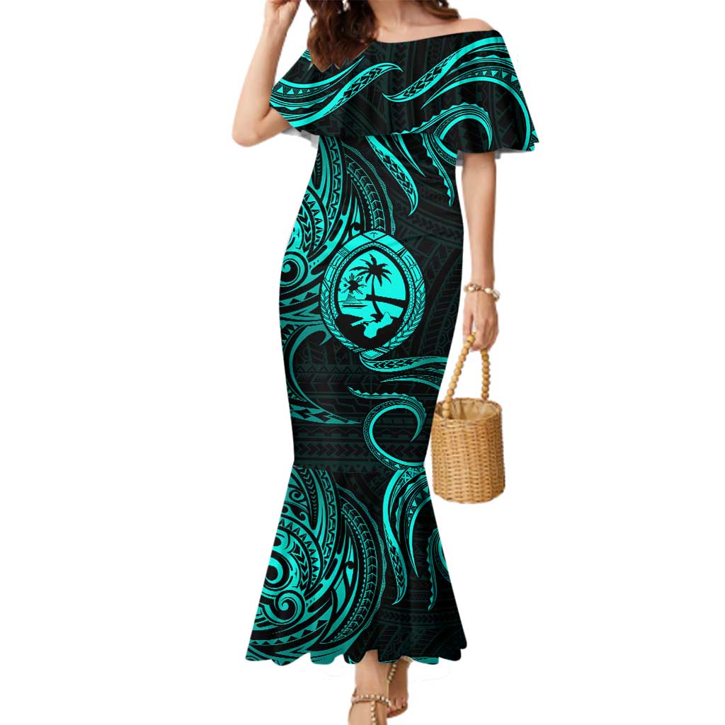 Polynesian Guam Coat of Arms Family Matching Mermaid Dress and Hawaiian Shirt Polynesian Tribal Tattoo Turquoise Version