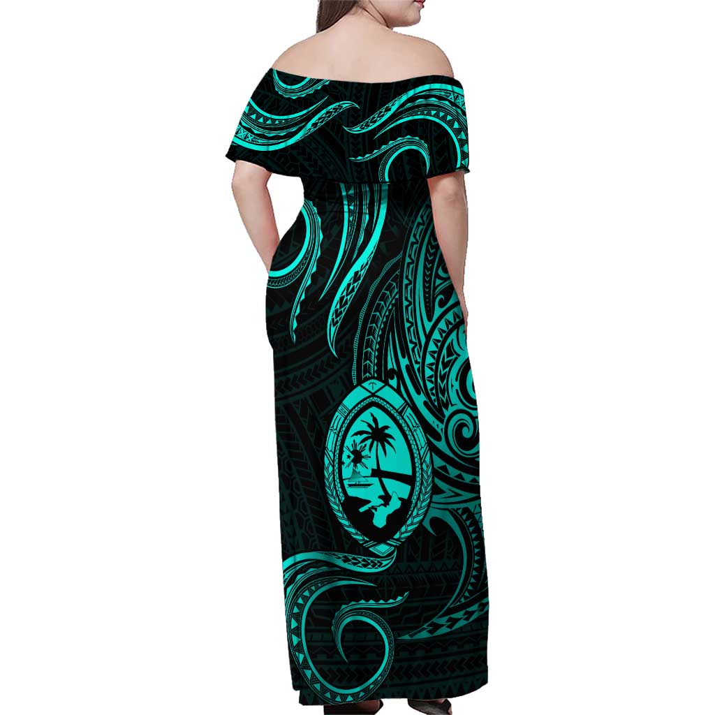 Polynesian Guam Coat of Arms Family Matching Off Shoulder Maxi Dress and Hawaiian Shirt Polynesian Tribal Tattoo Turquoise Version