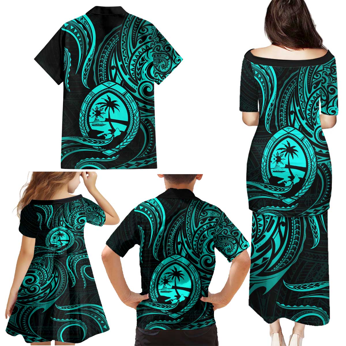 Polynesian Guam Coat of Arms Family Matching Puletasi and Hawaiian Shirt Polynesian Tribal Tattoo Turquoise Version LT9 - Polynesian Pride