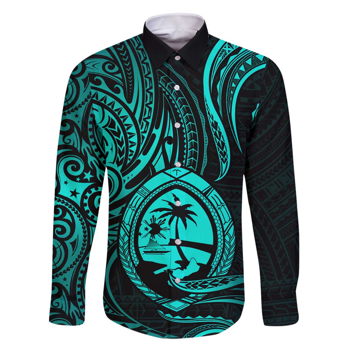 Polynesian Guam Coat of Arms Family Matching Puletasi and Hawaiian Shirt Polynesian Tribal Tattoo Turquoise Version LT9 Dad's Shirt - Long Sleeve Turquoise - Polynesian Pride