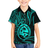 Polynesian Guam Coat of Arms Family Matching Puletasi and Hawaiian Shirt Polynesian Tribal Tattoo Turquoise Version LT9 Son's Shirt Turquoise - Polynesian Pride