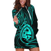 Polynesian Pride Guam Hoodie Dress With Polynesian Tribal Tattoo and Coat of Arms Turquoise Version LT9 - Polynesian Pride