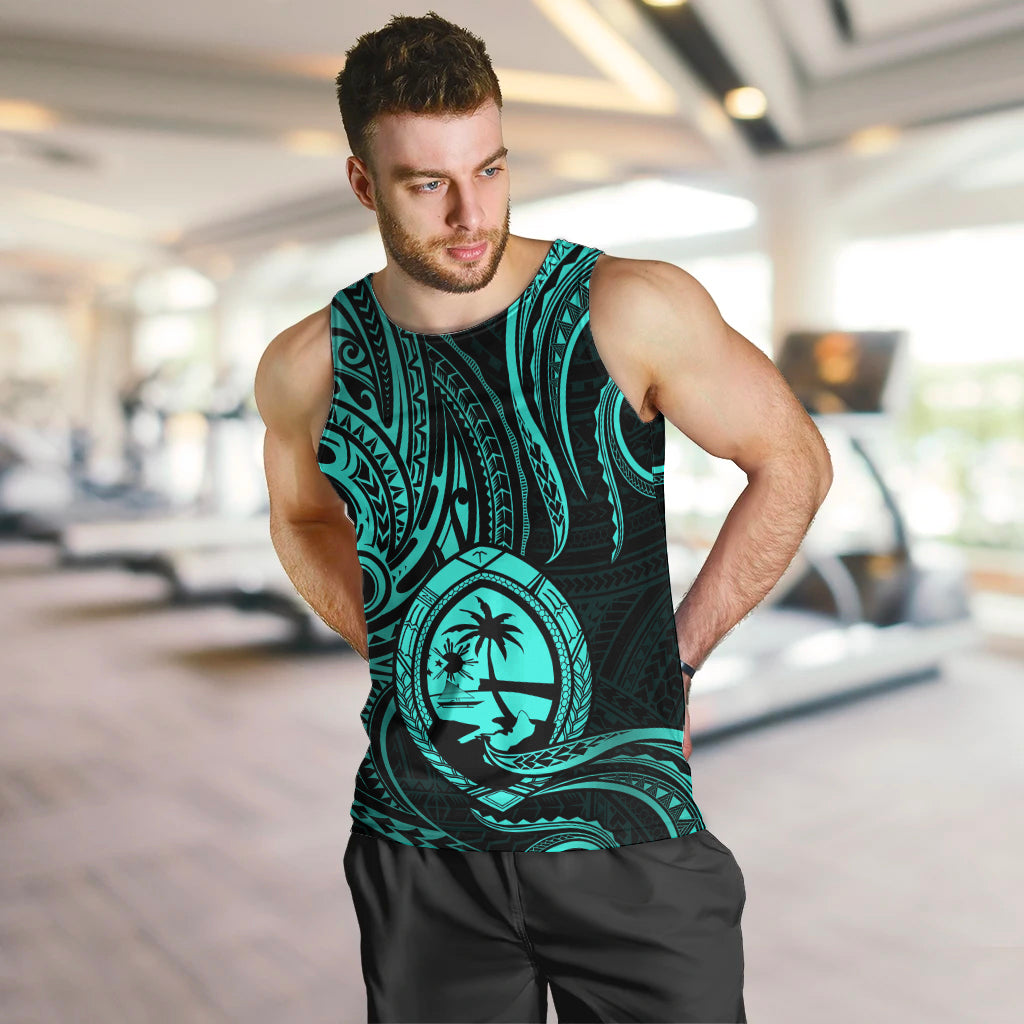 Polynesian Pride Guam Men Tank Top With Polynesian Tribal Tattoo and Coat of Arms Turquoise Version LT9 - Polynesian Pride