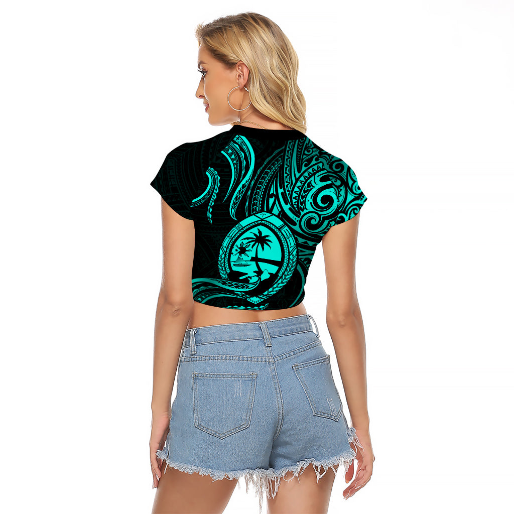 Polynesian Pride Guam Raglan Cropped T Shirt With Polynesian Tribal Tattoo and Coat of Arms Turquoise Version LT9 - Polynesian Pride