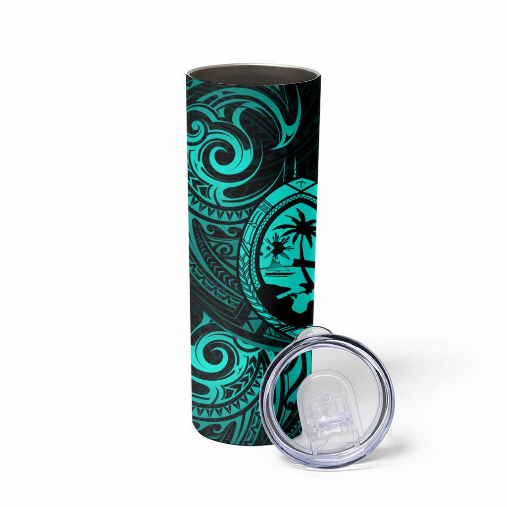 Polynesian Guam Coat of Arms Skinny Tumbler Polynesian Tribal Tattoo Turquoise Version