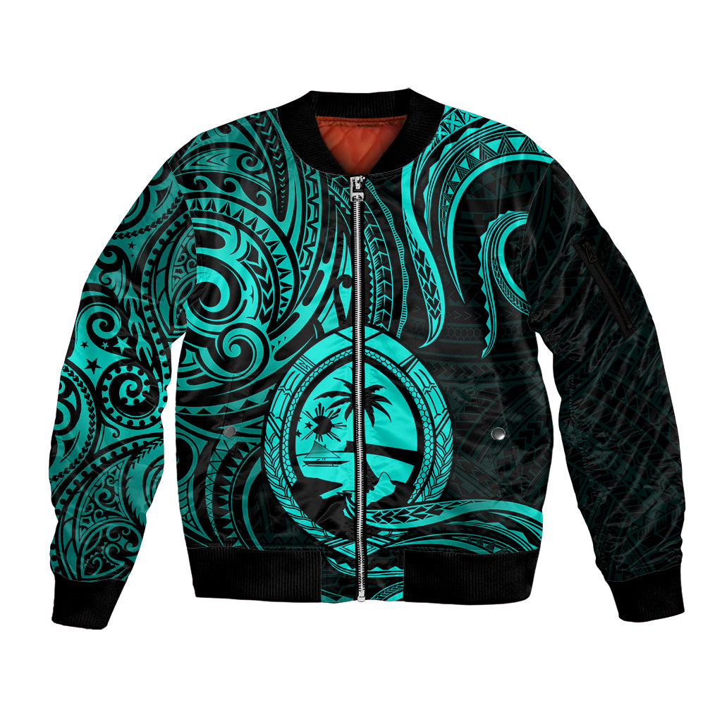 Polynesian Pride Guam Sleeve Zip Bomber Jacket With Polynesian Tribal Tattoo and Coat of Arms Turquoise Version LT9 Unisex turquoise - Polynesian Pride