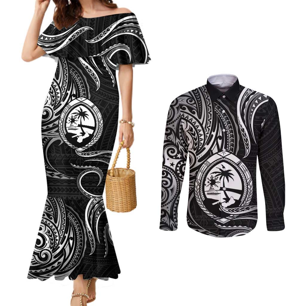 Polynesian Guam Coat of Arms Couples Matching Mermaid Dress and Long Sleeve Button Shirt Polynesian Tribal Tattoo Black Version