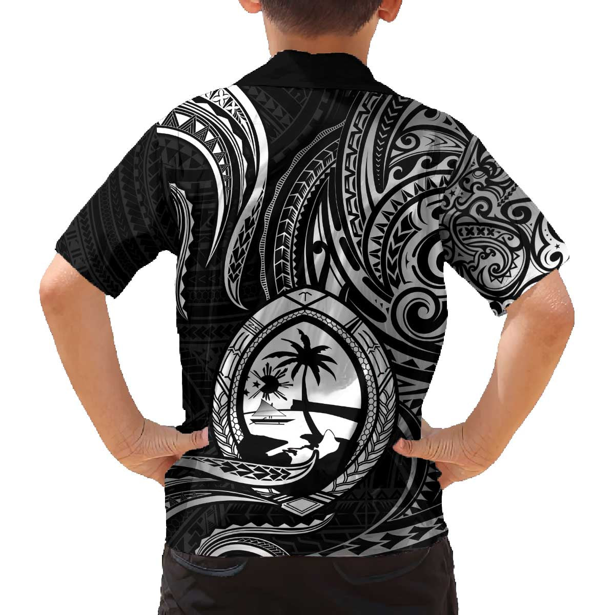 Polynesian Guam Coat of Arms Family Matching Puletasi and Hawaiian Shirt Polynesian Tribal Tattoo Black Version LT9 - Polynesian Pride