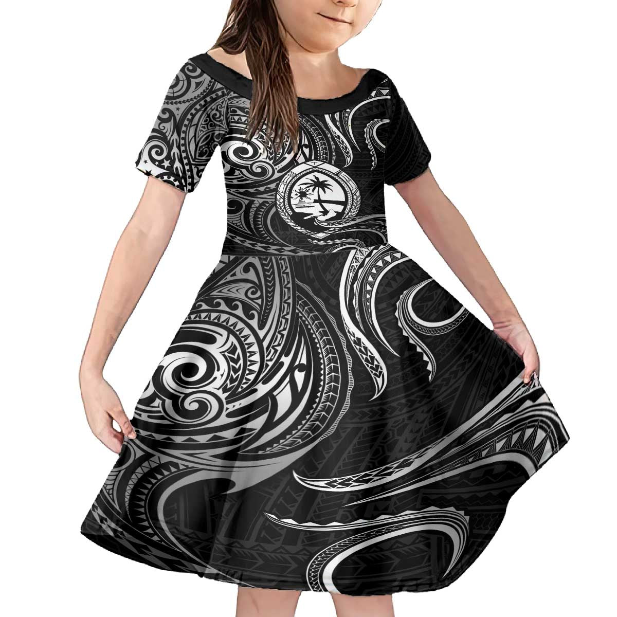 Polynesian Guam Coat of Arms Family Matching Puletasi and Hawaiian Shirt Polynesian Tribal Tattoo Black Version LT9 Daughter's Dress Black - Polynesian Pride