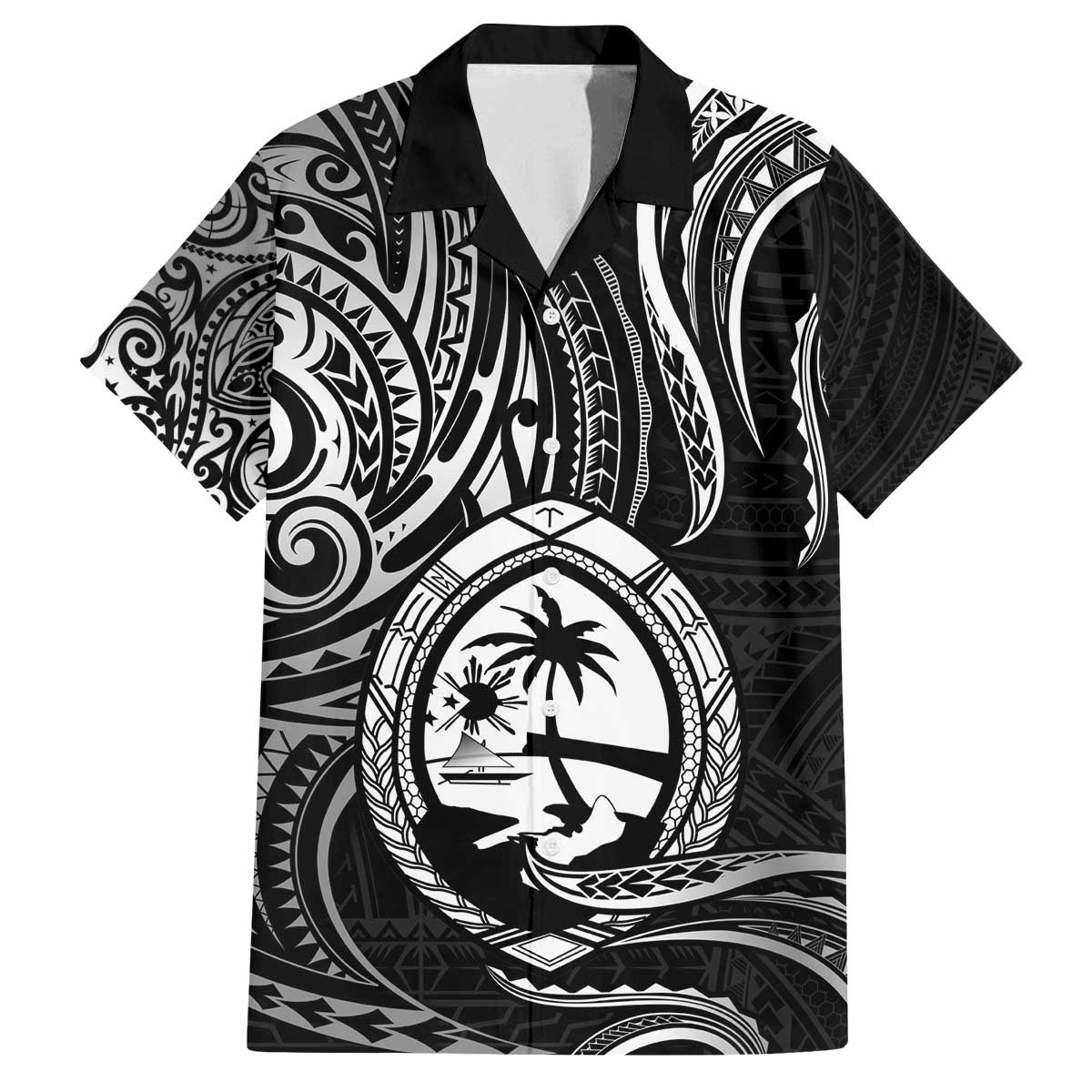 Polynesian Guam Coat of Arms Family Matching Puletasi and Hawaiian Shirt Polynesian Tribal Tattoo Black Version LT9 Dad's Shirt - Short Sleeve Black - Polynesian Pride