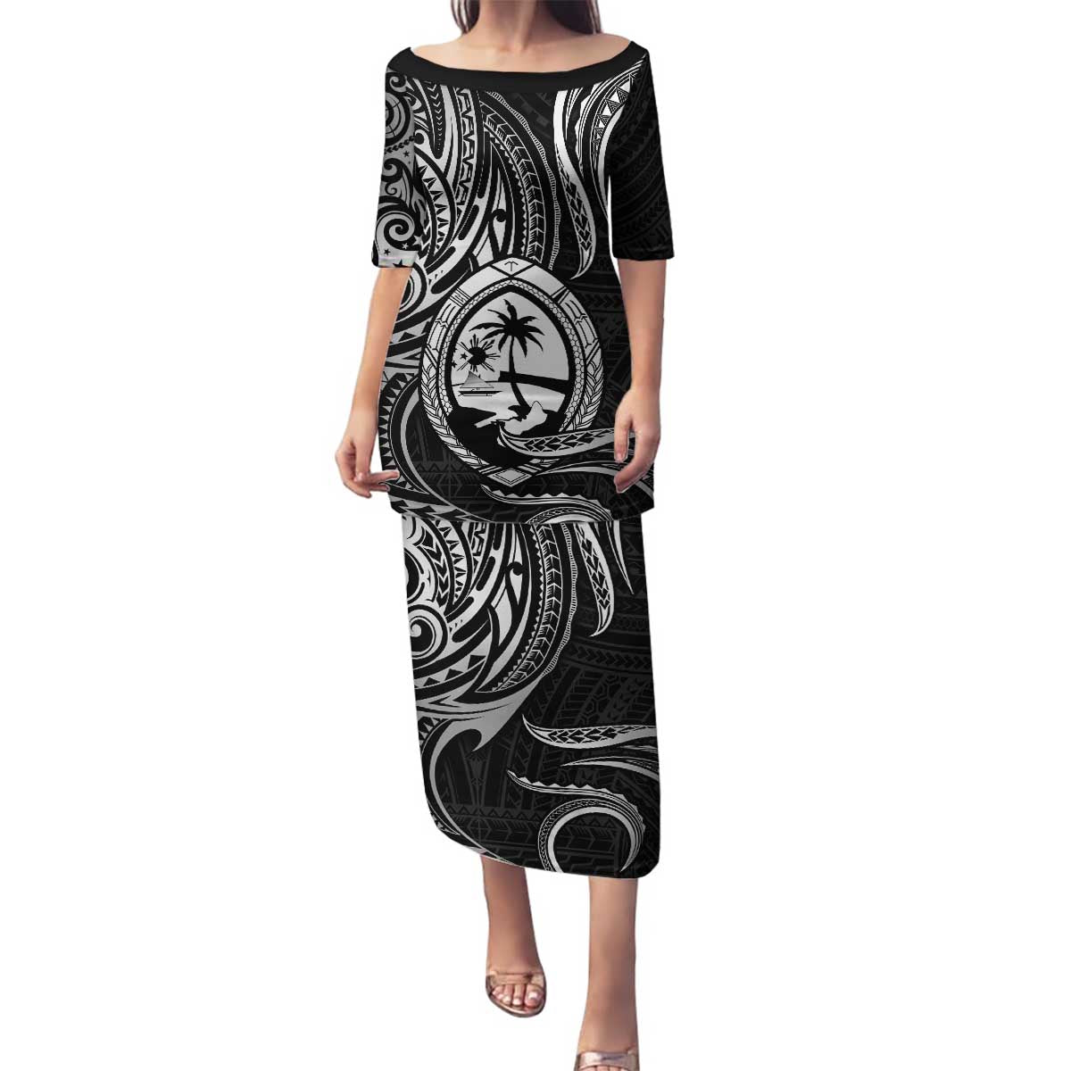 Polynesian Guam Coat of Arms Family Matching Puletasi and Hawaiian Shirt Polynesian Tribal Tattoo Black Version LT9 Mom's Dress Black - Polynesian Pride