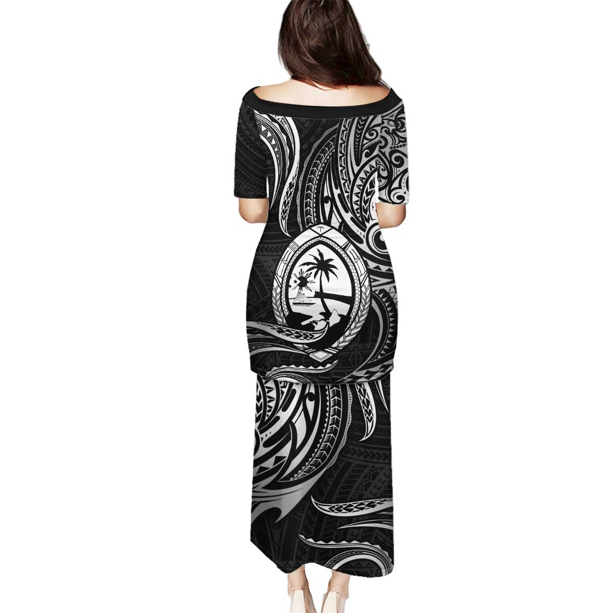 Polynesian Guam Coat of Arms Family Matching Puletasi and Hawaiian Shirt Polynesian Tribal Tattoo Black Version LT9 - Polynesian Pride