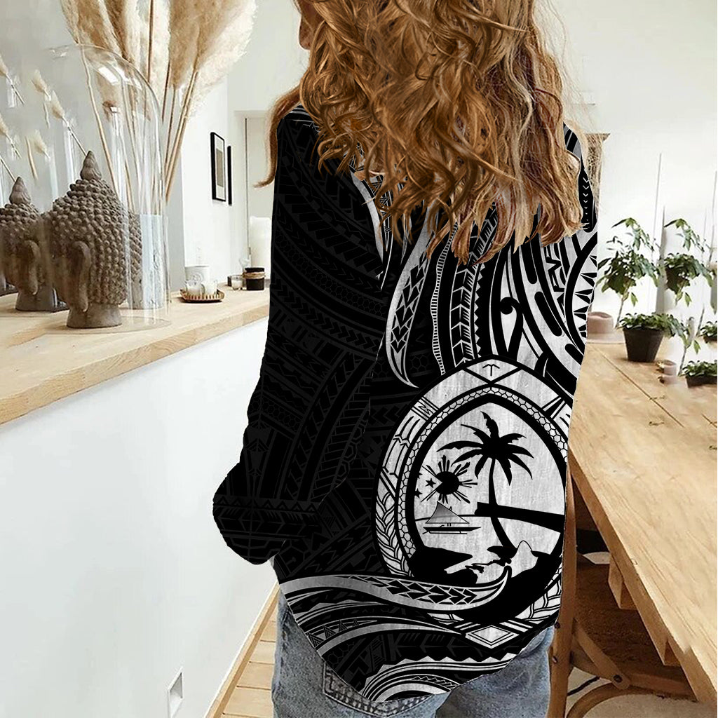 Polynesian Pride Guam Women Casual Shirt With Polynesian Tribal Tattoo and Coat of Arms Black Version LT9 - Polynesian Pride