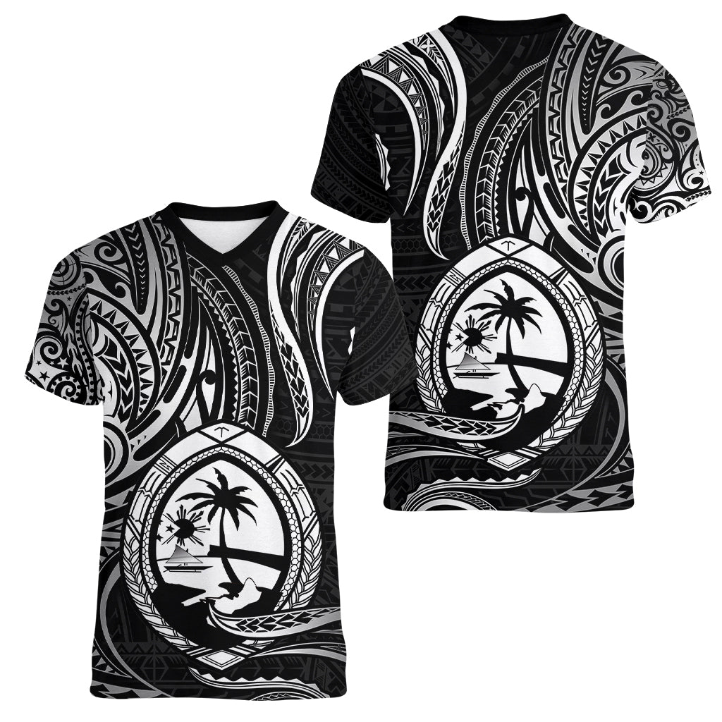 Polynesian Pride Guam Women V Neck T Shirt With Polynesian Tribal Tattoo and Coat of Arms Black Version LT9 Female Black - Polynesian Pride