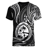 Polynesian Pride Guam Women V Neck T Shirt With Polynesian Tribal Tattoo and Coat of Arms Black Version LT9 - Polynesian Pride