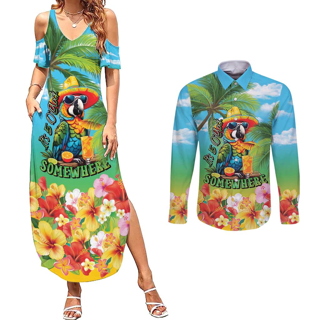 Always 5 O'clock Couples Matching Summer Maxi Dress and Long Sleeve Button Shirt Hawaiian Tropical Parrot - Polynesian Pride