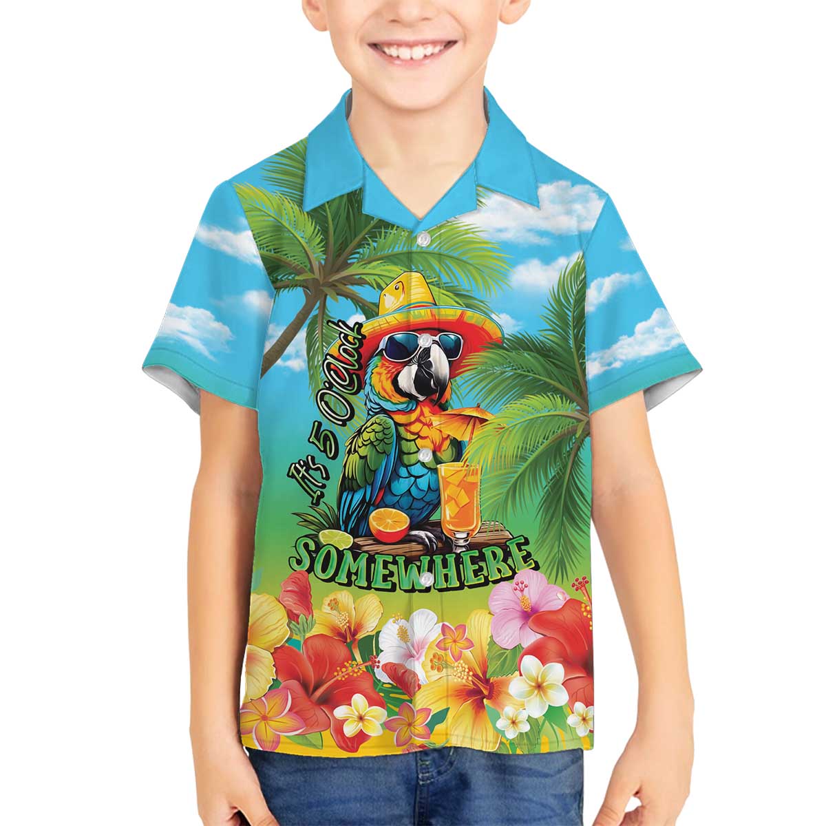 Always 5 O'clock Family Matching Off The Shoulder Long Sleeve Dress and Hawaiian Shirt Hawaiian Tropical Parrot LT9 Son's Shirt Blue - Polynesian Pride