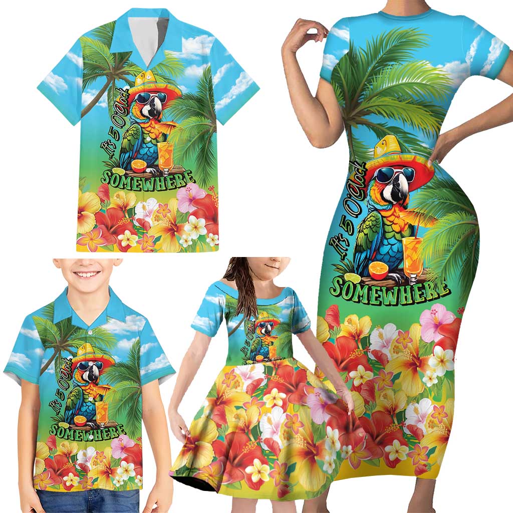 Always 5 O'clock Family Matching Short Sleeve Bodycon Dress and Hawaiian Shirt Hawaiian Tropical Parrot - Polynesian Pride