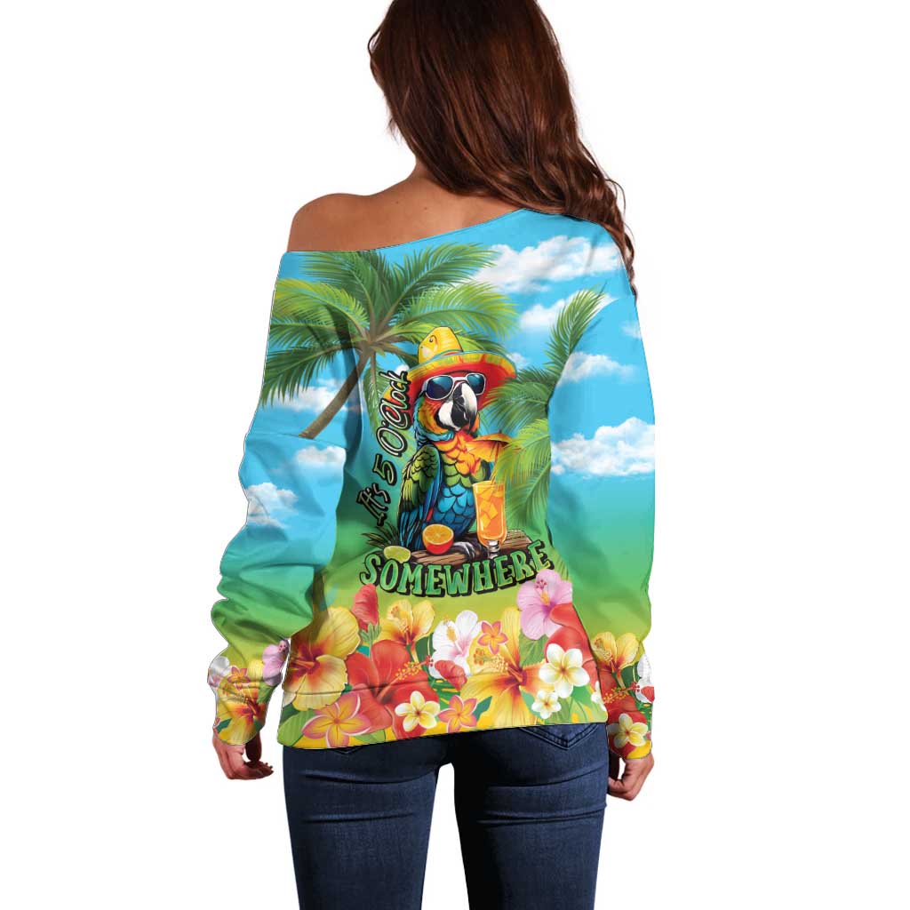 Always 5 O'clock Off Shoulder Sweater Hawaiian Tropical Parrot - Polynesian Pride